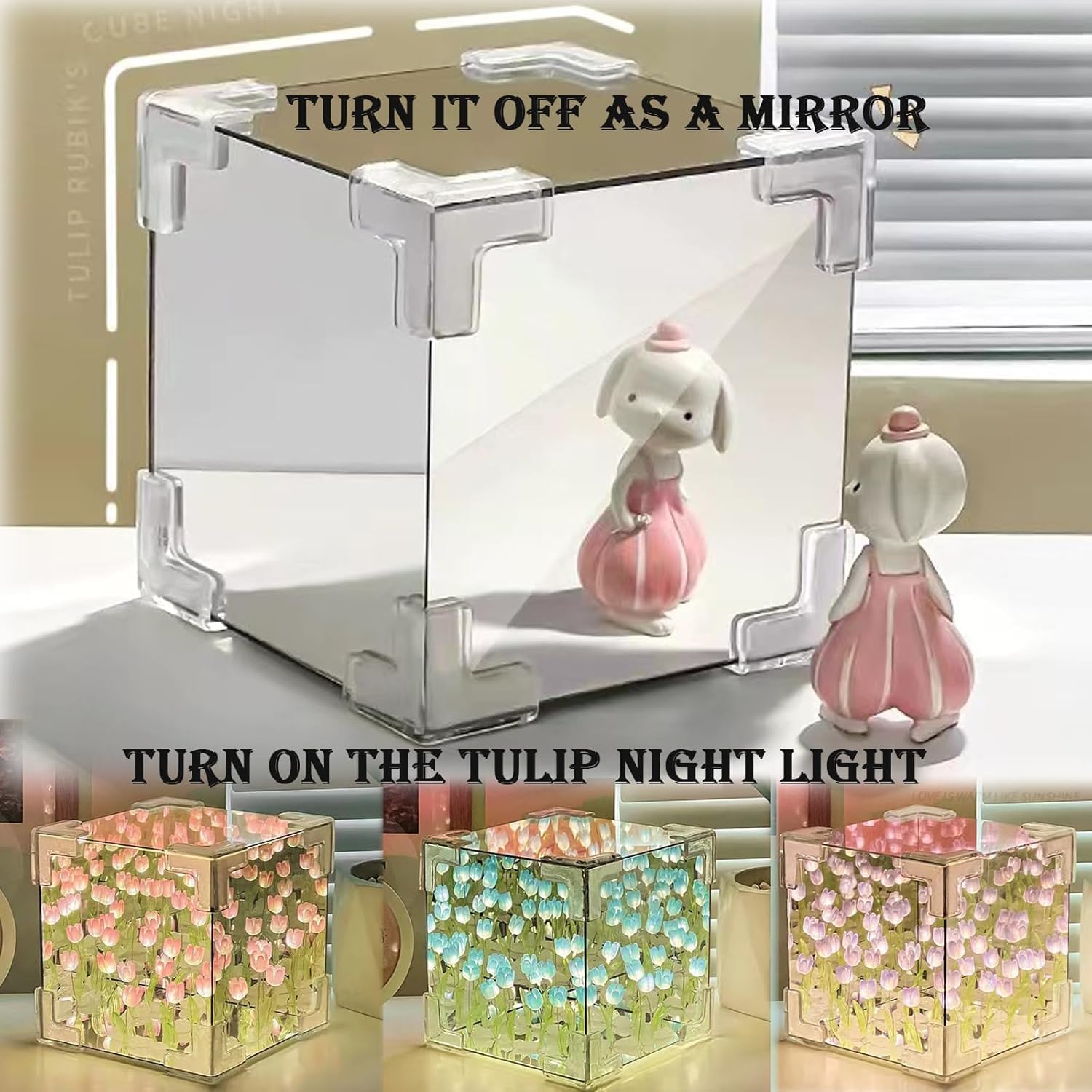 inulec Cube Tulip LED Mirror Lamp – Square Decorative Flower Night Light